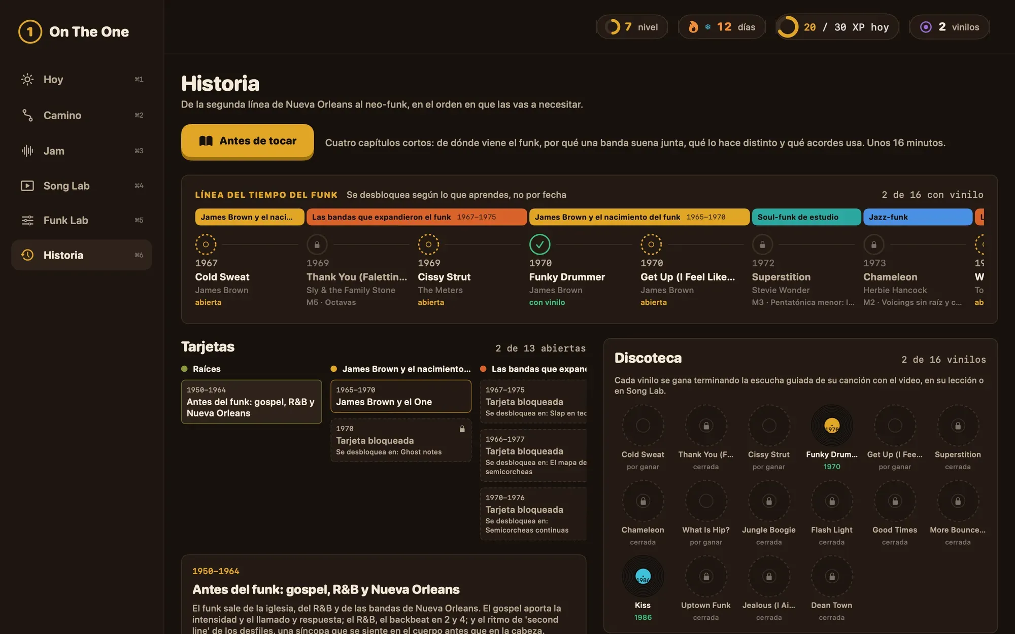 Pantalla Historia: una línea de tiempo del funk desde 1967, tarjetas con historias y una caja de discos que se llena conforme terminas escuchas guiadas.