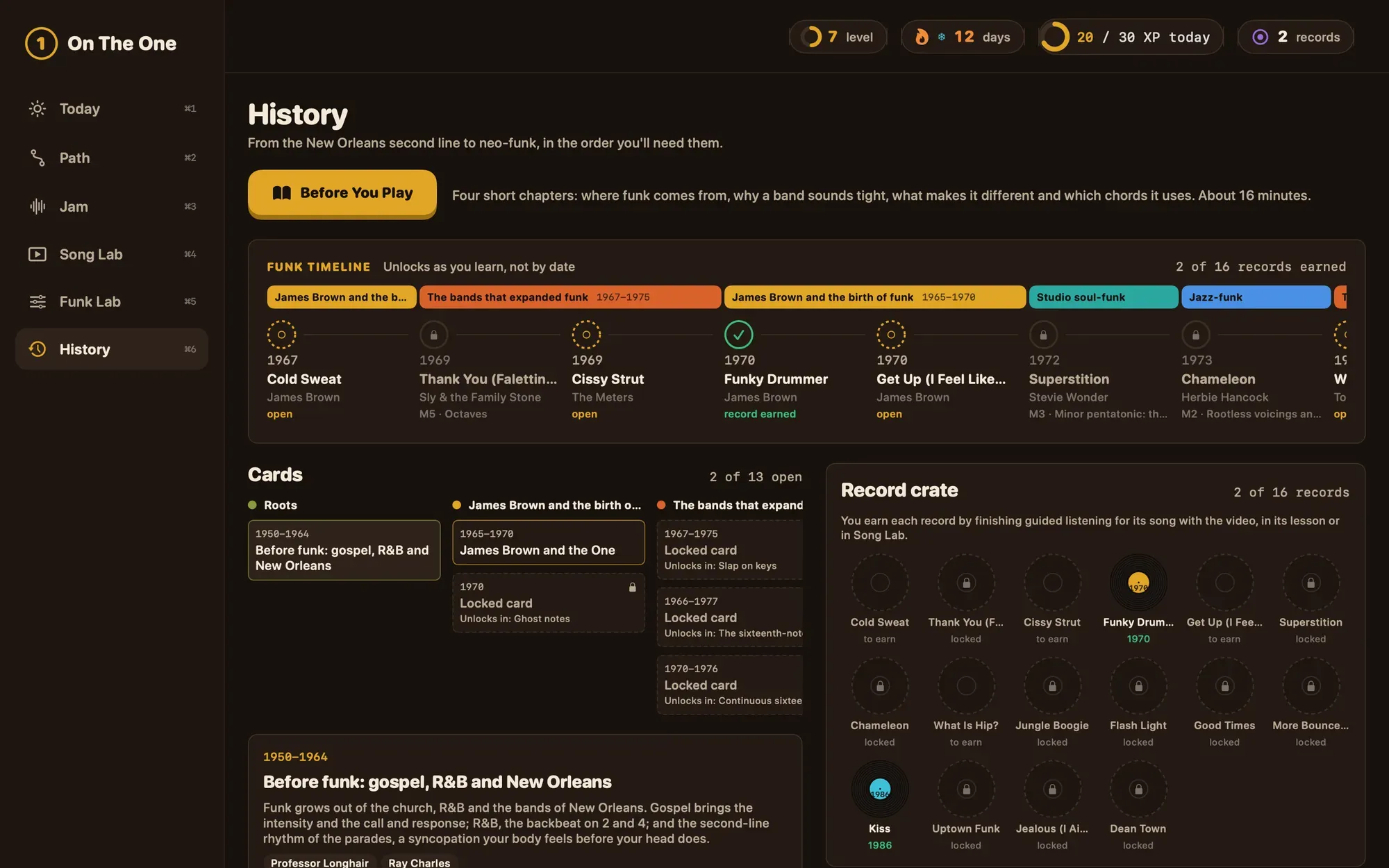 History screen: a funk timeline from 1967, story cards and a record crate that fills up as you finish guided listening.