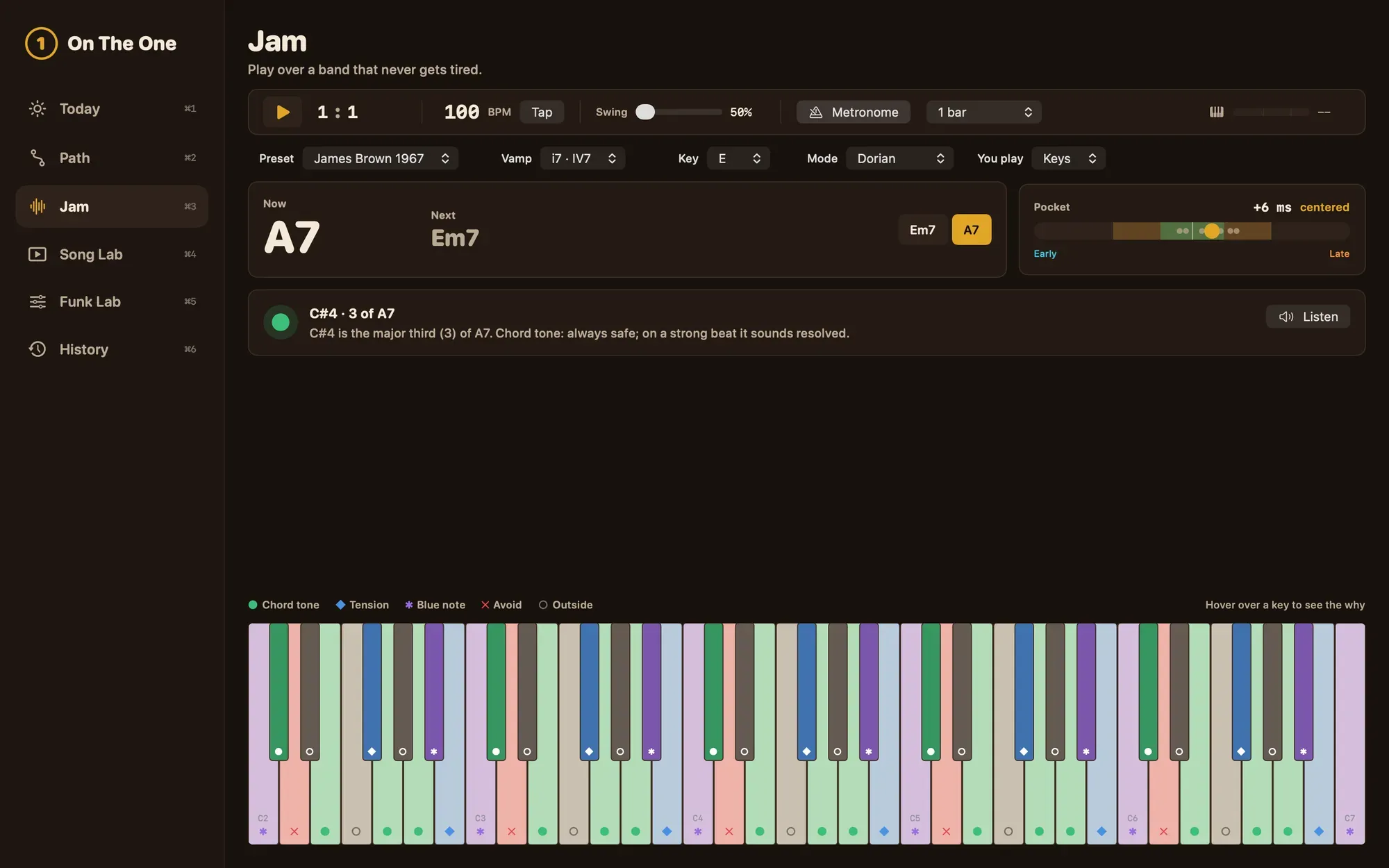 Jam screen: the band on an A7 chord with Em7 next, a pocket meter, and a five-octave keyboard colored by chord tones, tensions, blue notes and notes to avoid.