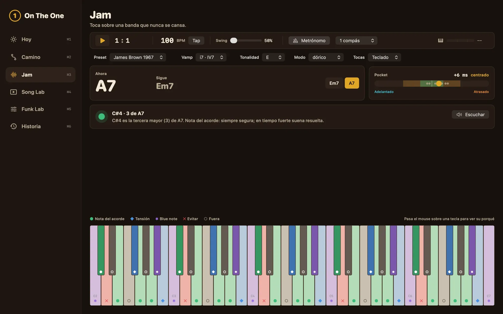 Pantalla Jam: la banda en un acorde A7 con Em7 después, un medidor de pocket y un teclado de cinco octavas coloreado por notas del acorde, tensiones, blue notes y notas que hay que evitar.