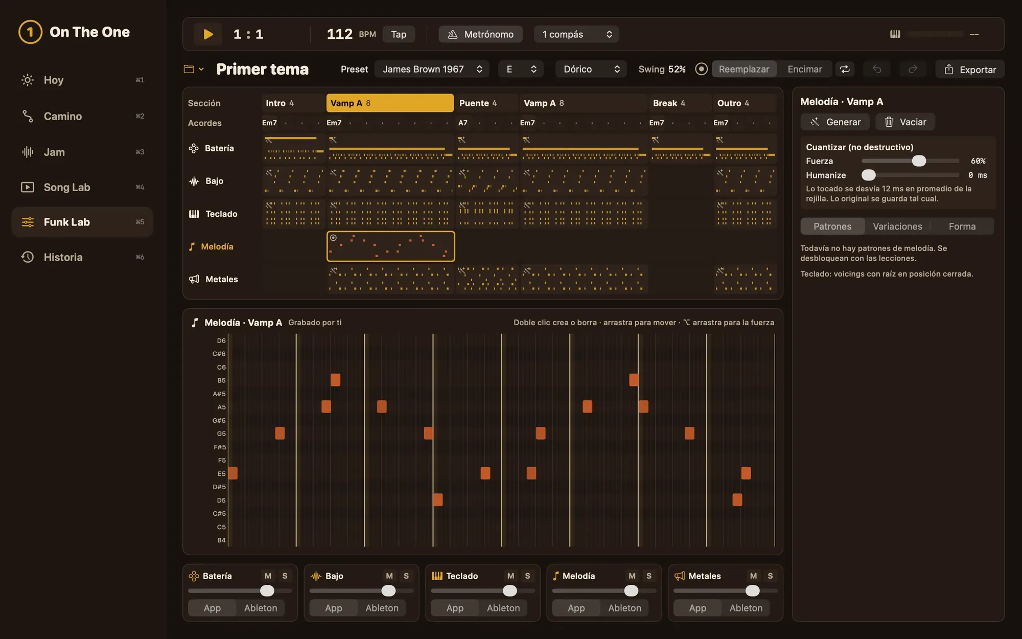 Pantalla Funk Lab: un arreglo con intro, vamp, puente, break y outro en batería, bajo, teclados, lead y metales, un editor de notas y un mezclador.