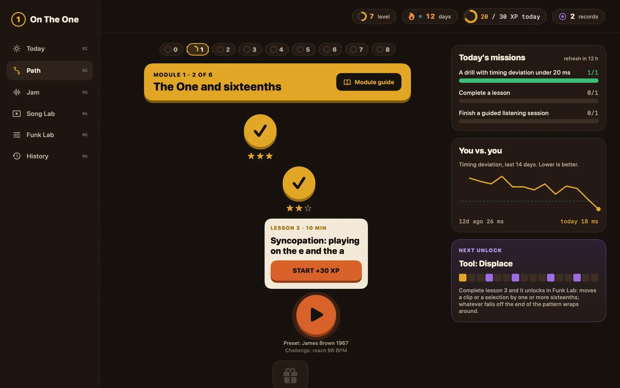 Path screen: module 1 with completed lessons and their stars, the next lesson, daily missions, a 14-day timing chart and the next unlock.