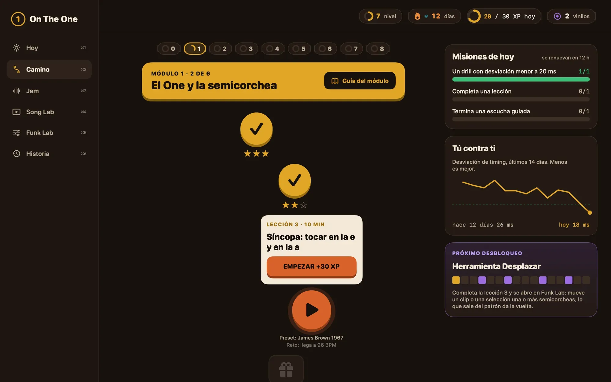 Pantalla Camino: el módulo 1 con lecciones completadas y sus estrellas, la siguiente lección, las misiones de hoy, una gráfica de timing de 14 días y el próximo desbloqueo.