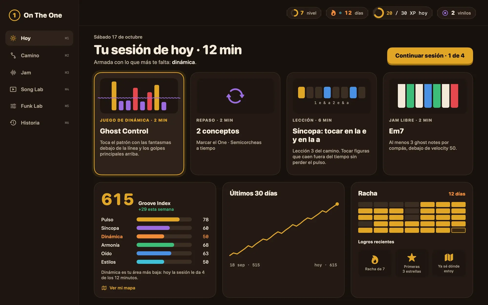 Pantalla Hoy: una sesión de 12 minutos con un juego de dinámica, un repaso, una lección y un jam libre, además del Groove Index por habilidad, una gráfica de 30 días y una racha de 12 días.